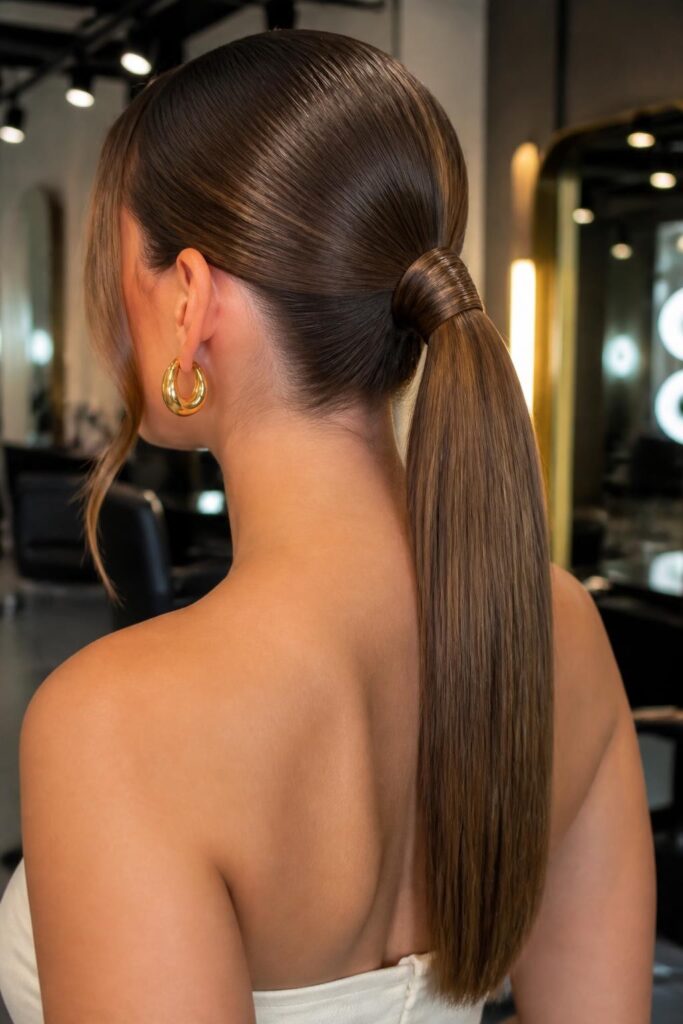 Sleek low ponytail with a wrap