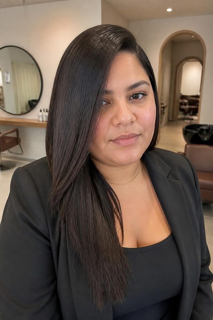 Sleek straight hair with side part