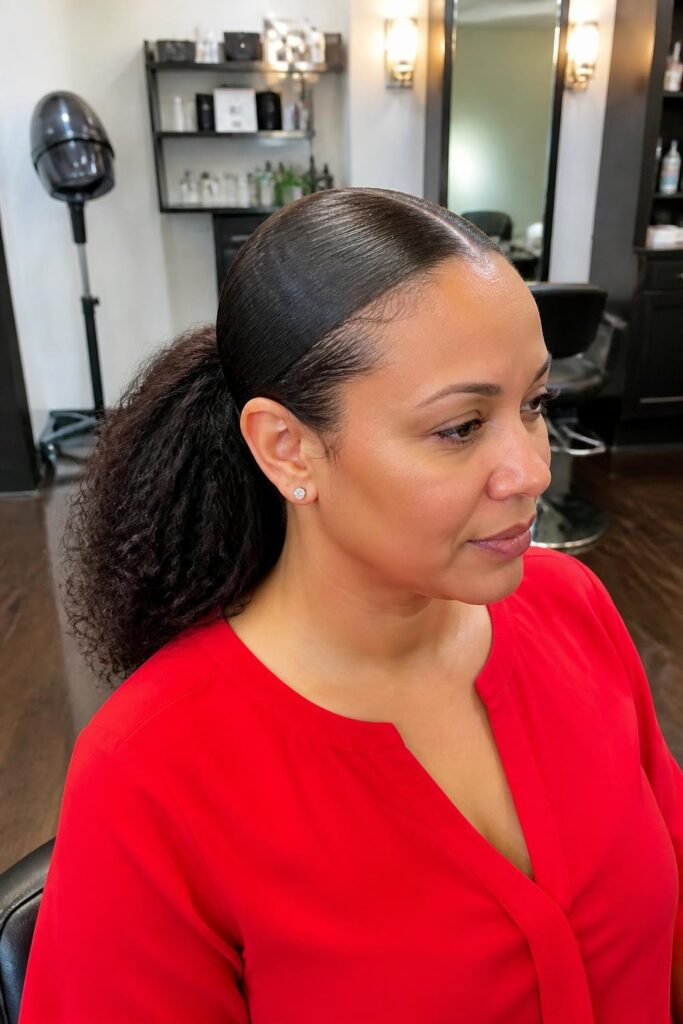 Slick back ponytail with a middle part and curls