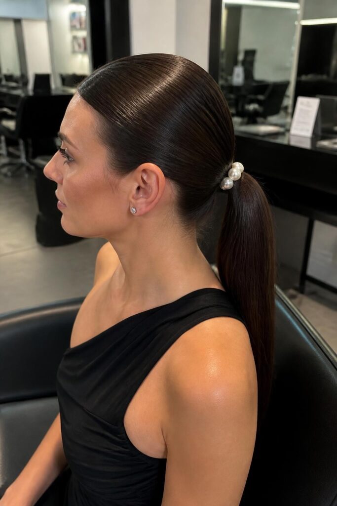 Slick back ponytail with a pearl pin