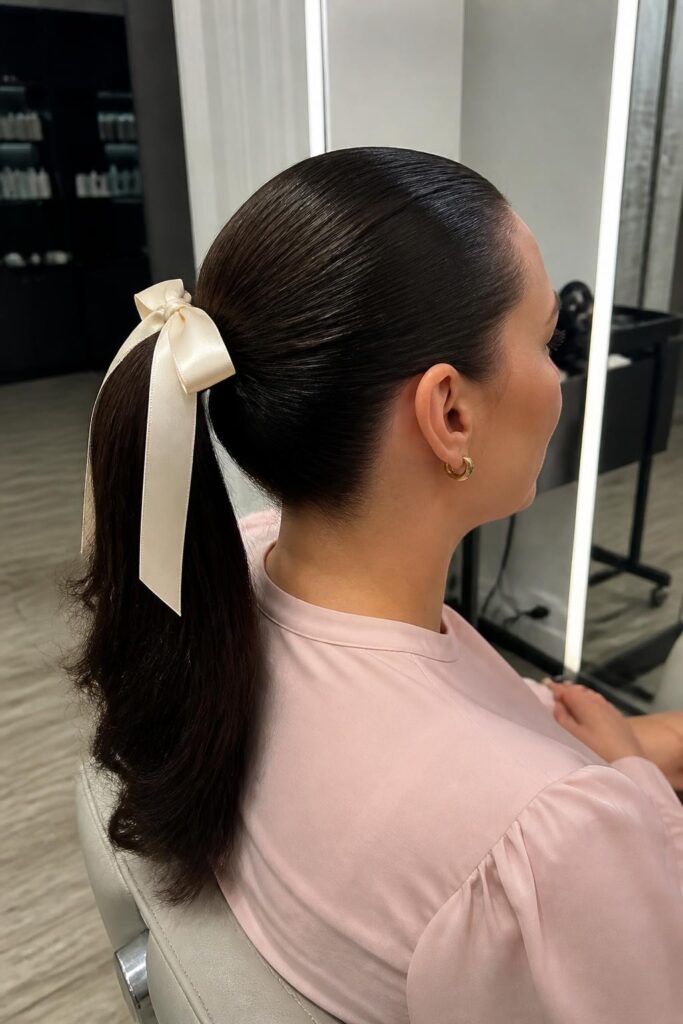 Slick back ponytail with a ribbon