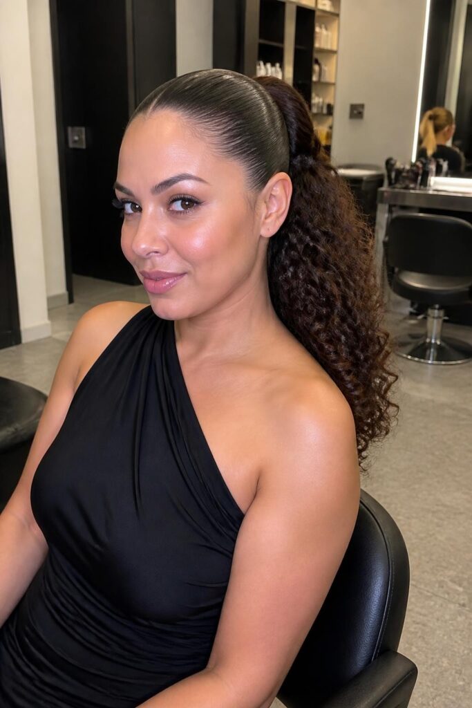 Slick back ponytail with curly ends