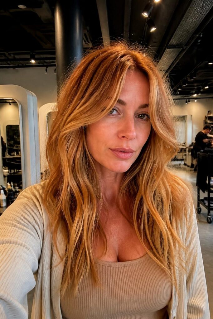 Soft blonde babylights with curtain bangs