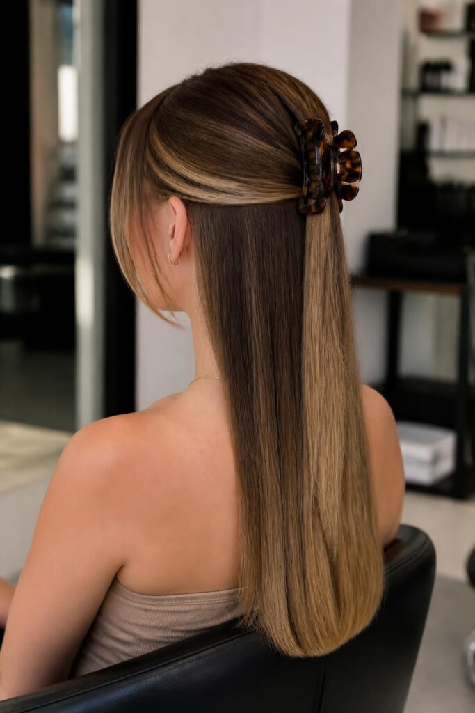 Straight hair with a claw clip