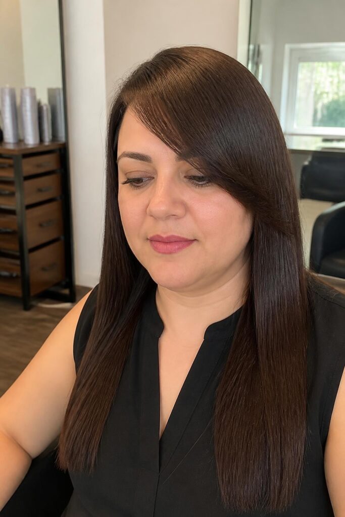 Straight hair with a deep side swept fringe