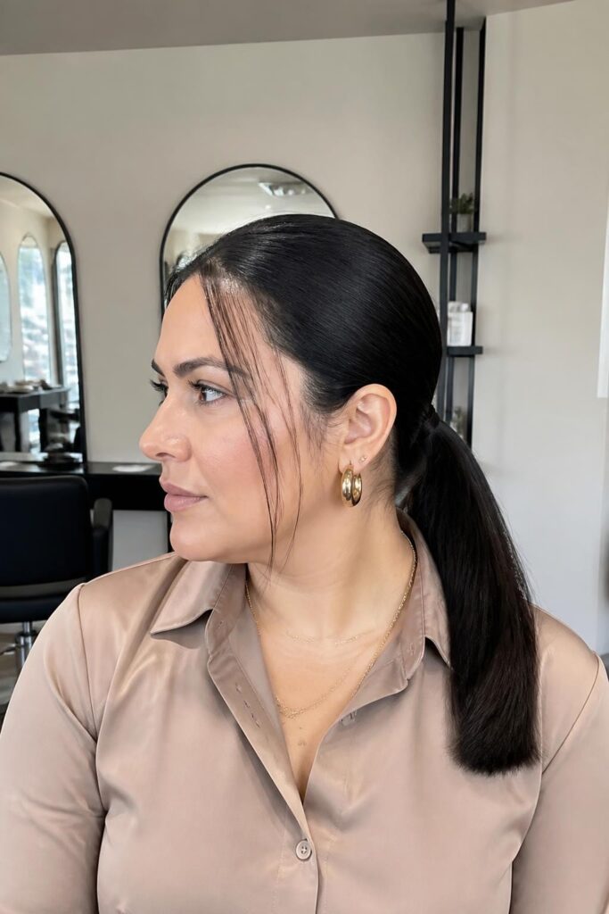 Straight hair with a low ponytail