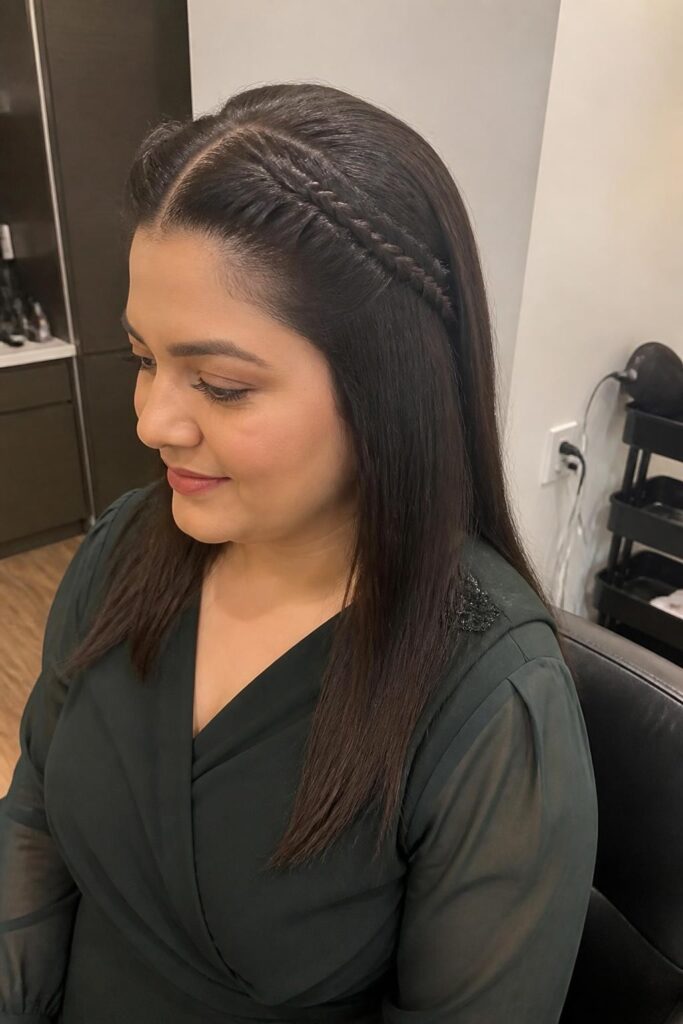 Straight hair with a middle part and braided crown
