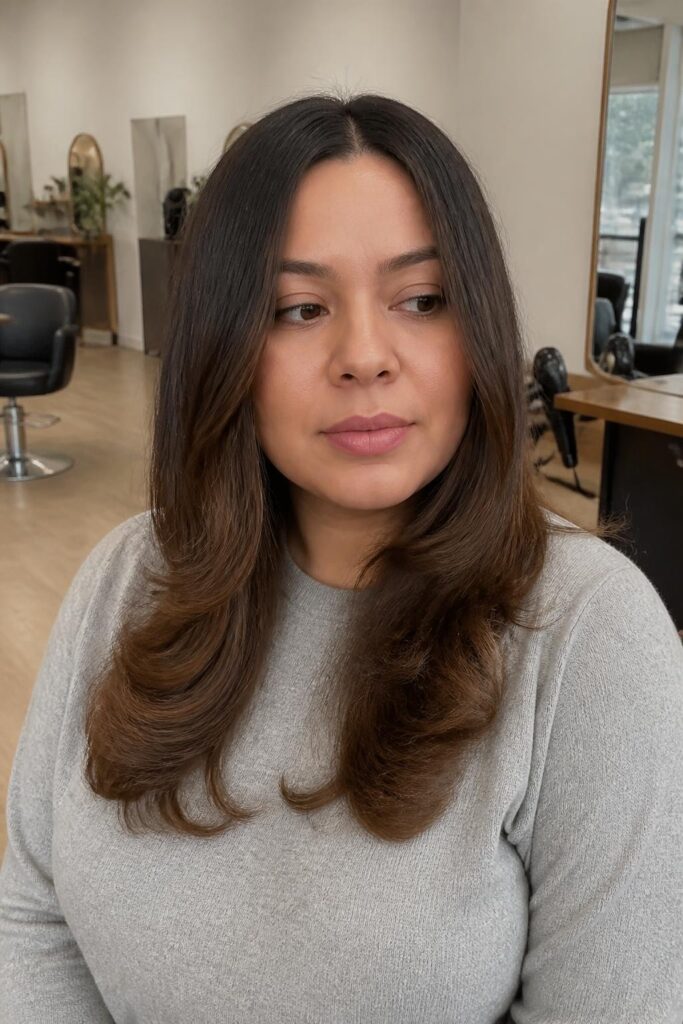 Straight hair with a middle part and waves