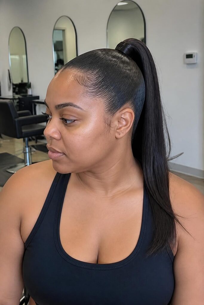 Straight hair with a sleek high ponytail