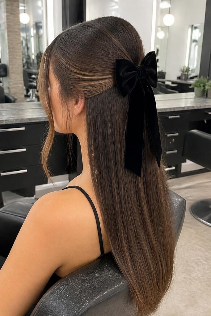 Straight hair with a velvet bow