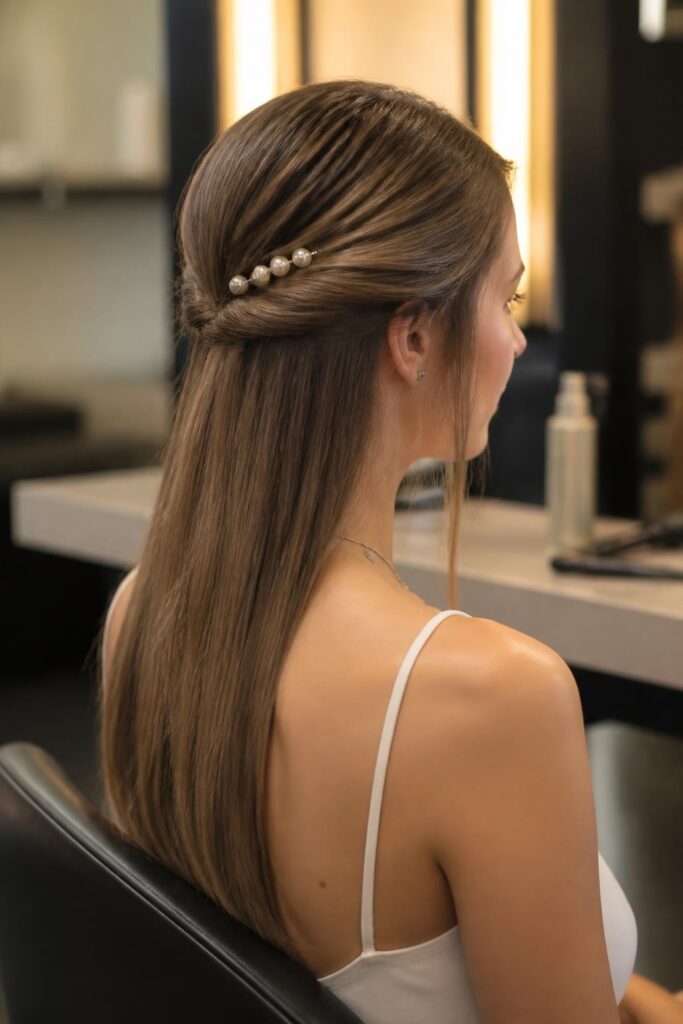 Straight hair with pearl pins