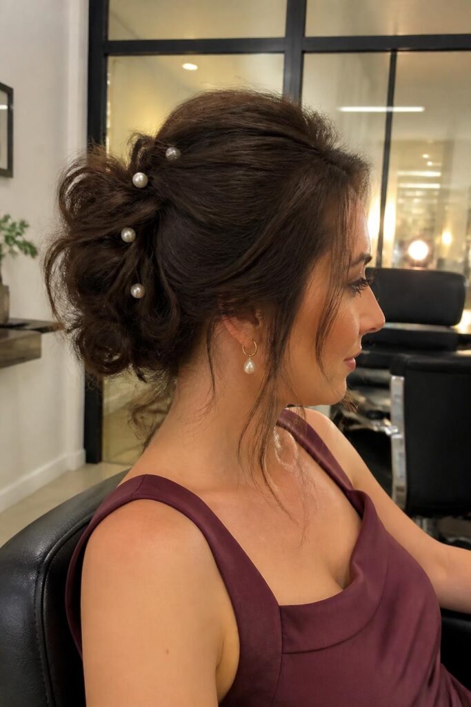Textured bun with pearl pins