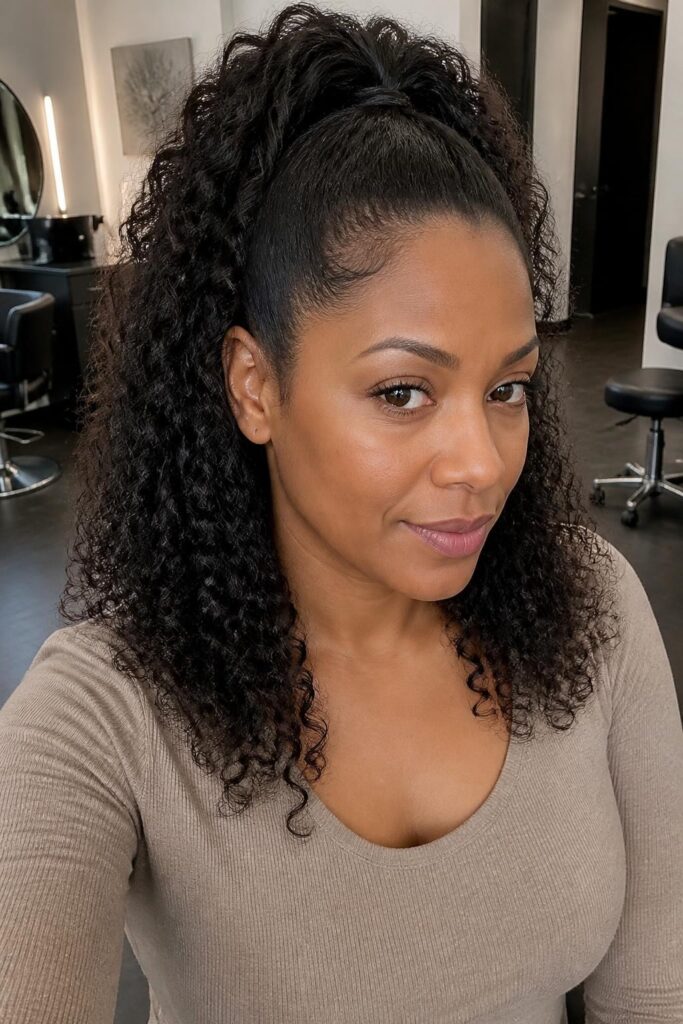 Tousled half pony with natural curls