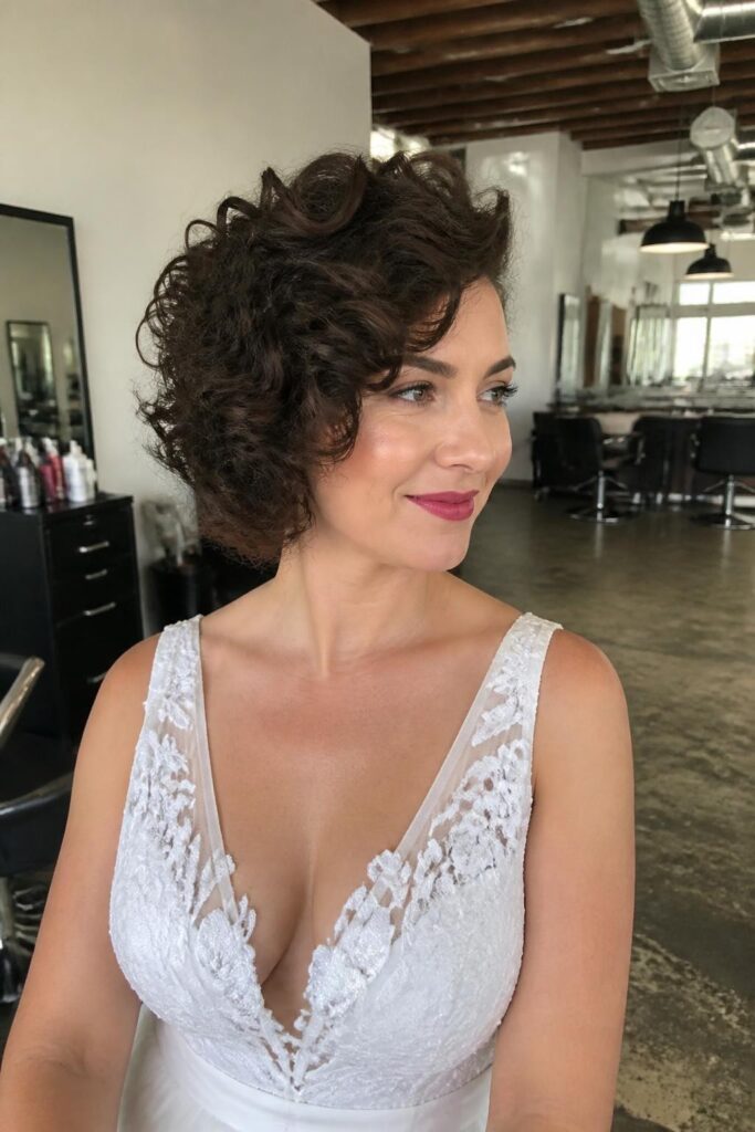 Voluminous curly bob with deep side part