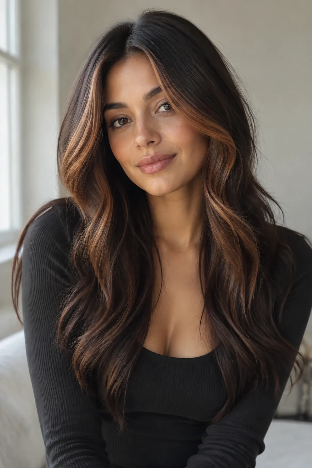 Soft Copper Money Piece on Dark Brown hair color