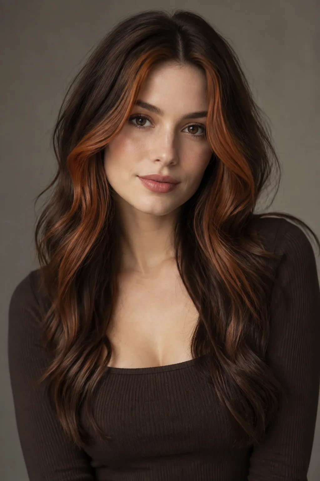 Classic Auburn Money Piece on Chocolate Brown hair color