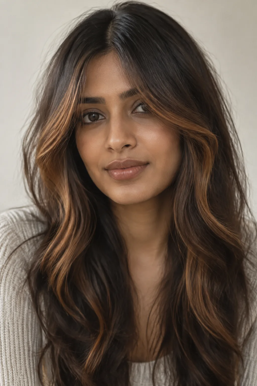 Cinnamon Money Piece With Curtain Bangs hair color