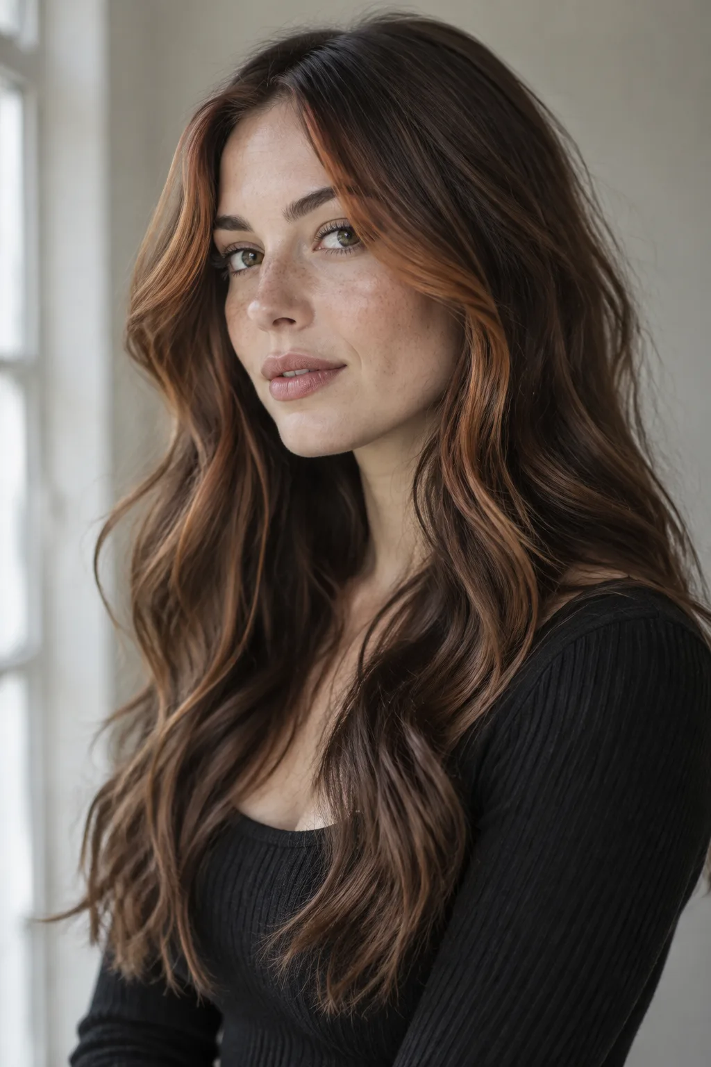 Auburn Money Piece on Long Wavy Layers hair color