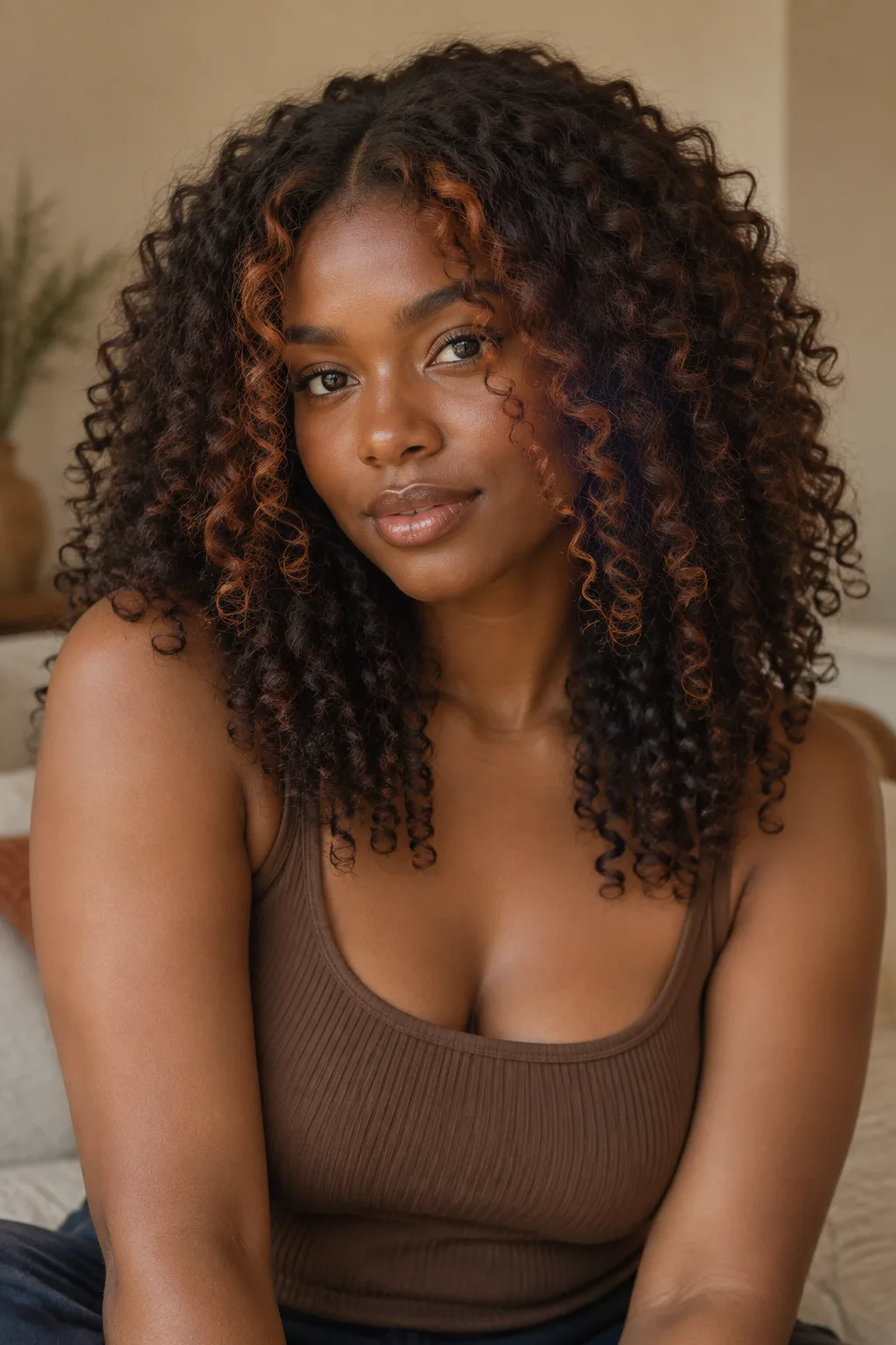 Auburn Money Piece on Curly Brunette Hair