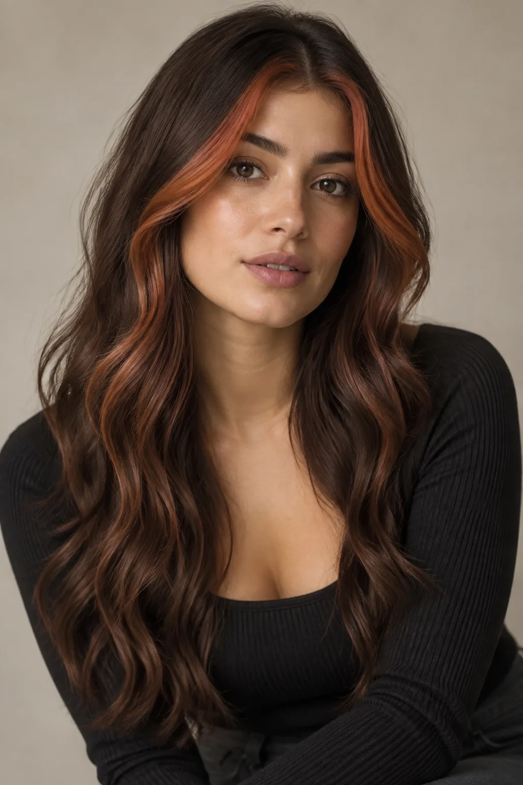 Copper-Red Money Piece With Dark Roots hair color
