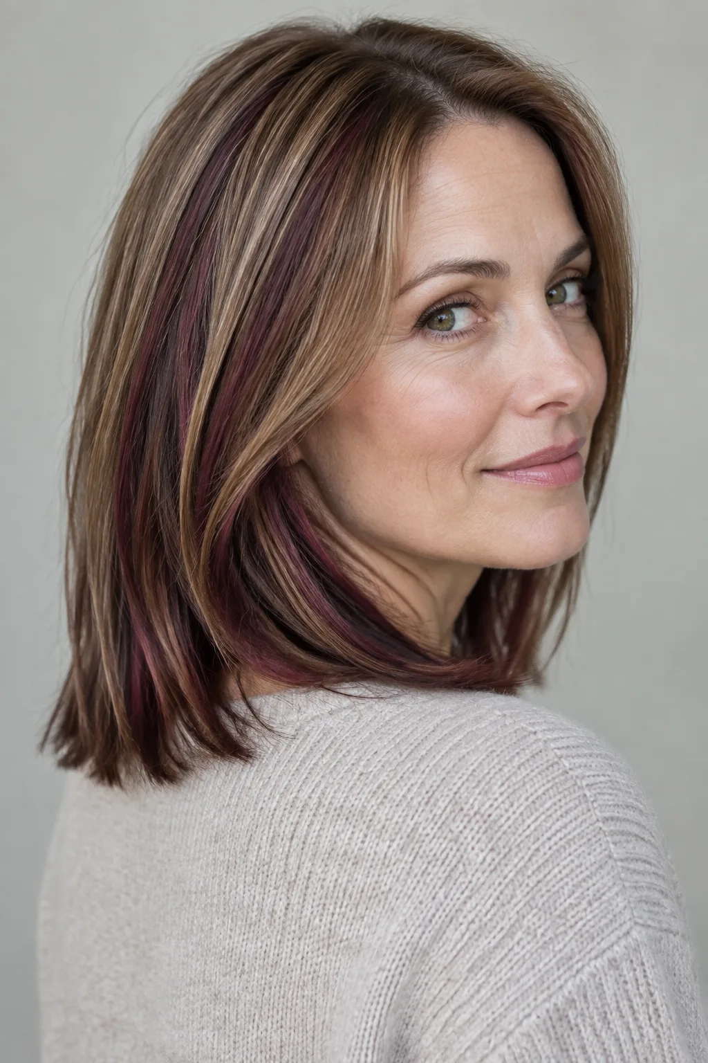 Cherry Plum Lowlights on Light Brown Hair
