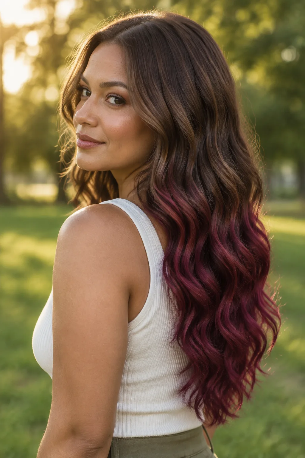 Cherry Plum Ombre on Long Waves hair color