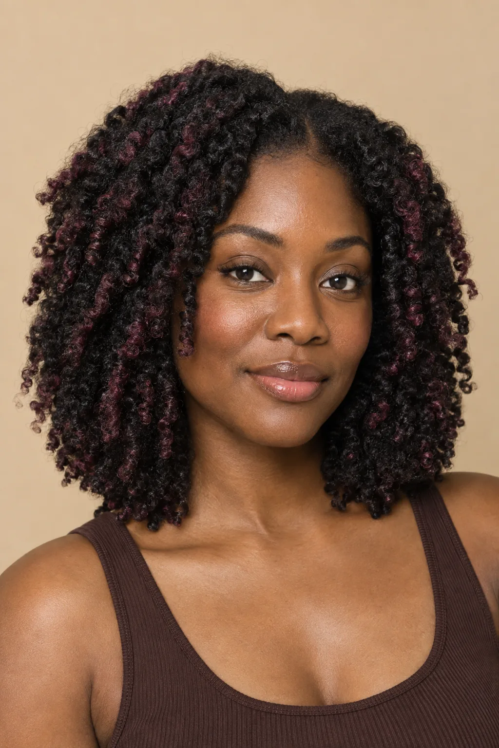 Cherry Plum Highlights on Coily Hair