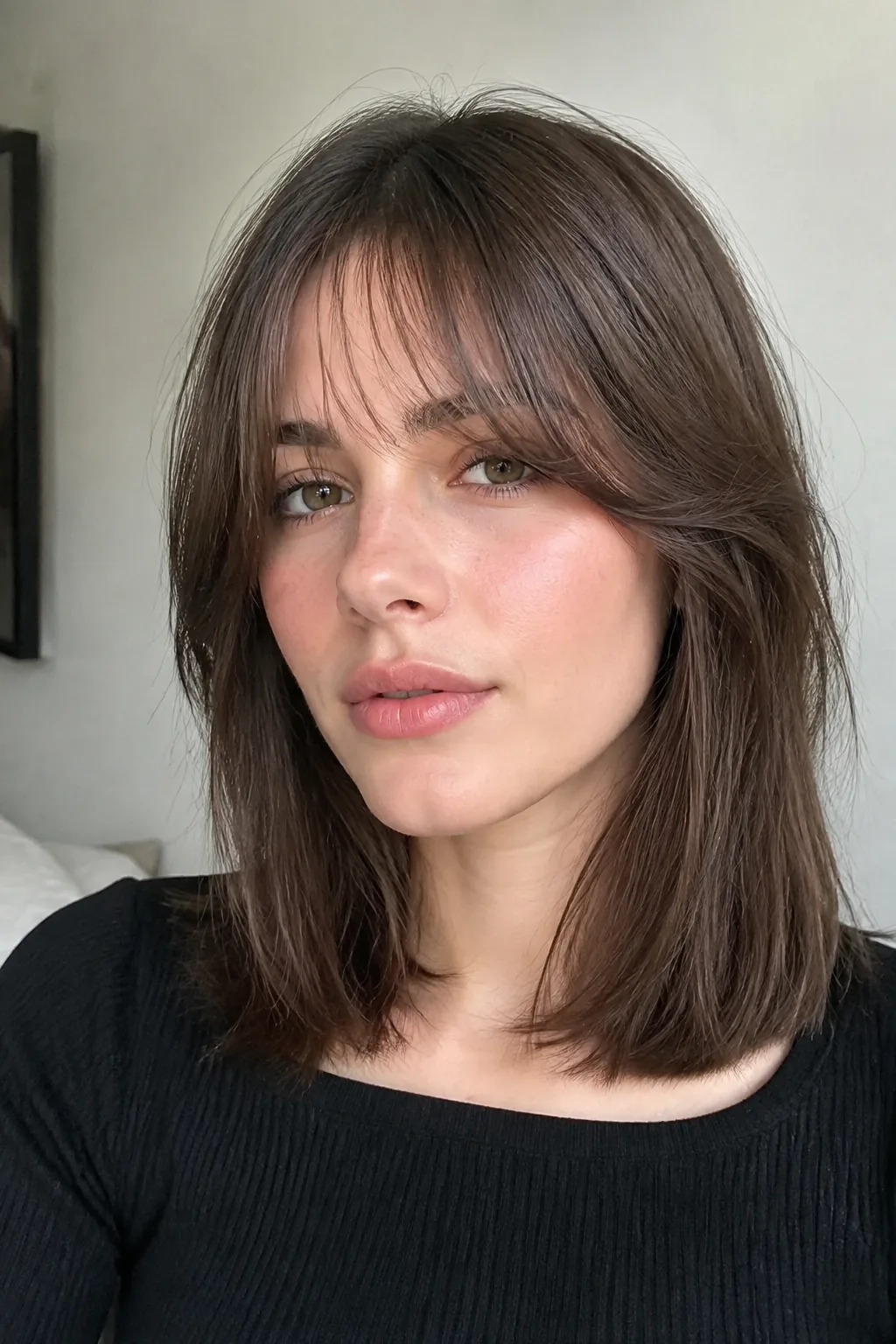 Wispy Curtain Bangs With a Blunt Lob hairstyle