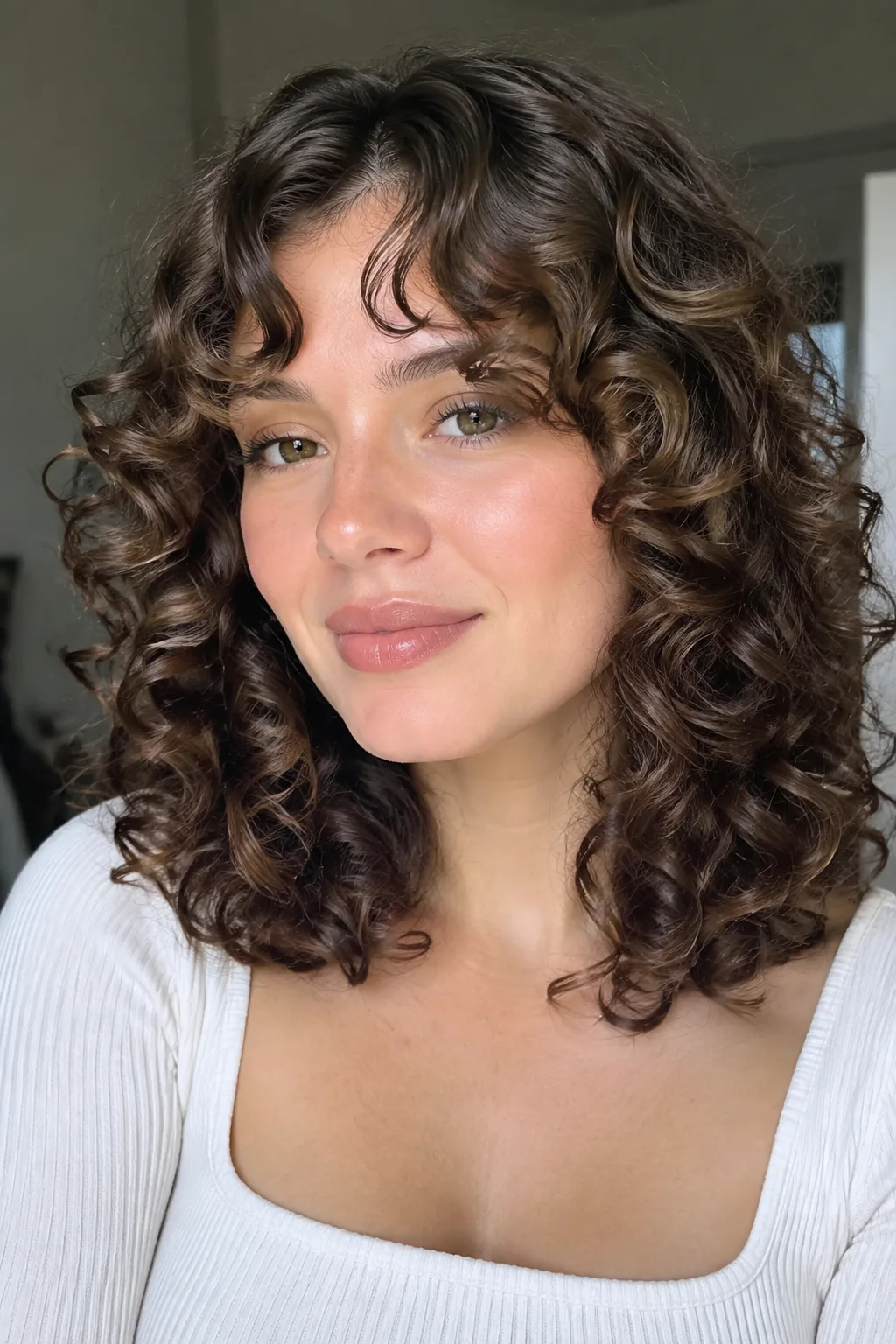 Naturally Curly Medium Cut With Curtain Bangs hairstyle