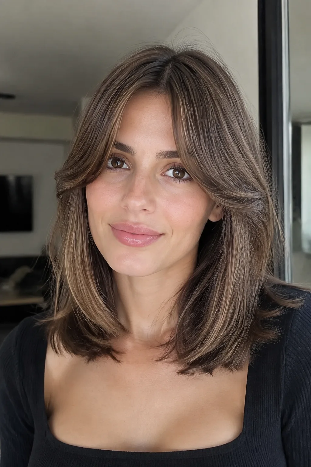 Sleek Straight Layers With Center-Parted Bangs hairstyle