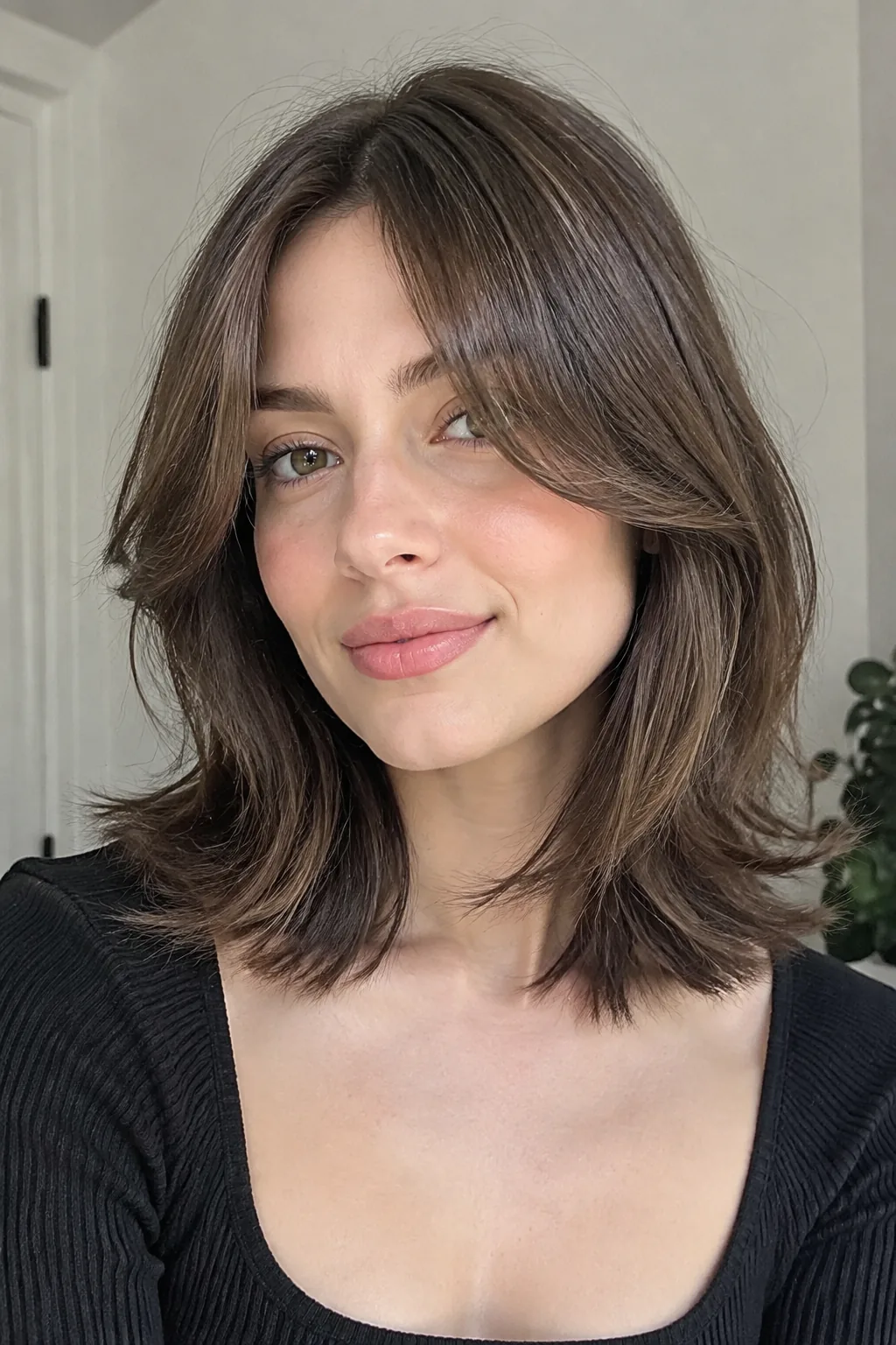 Jawline-Grazing Curtain Bangs With Long Layers hairstyle