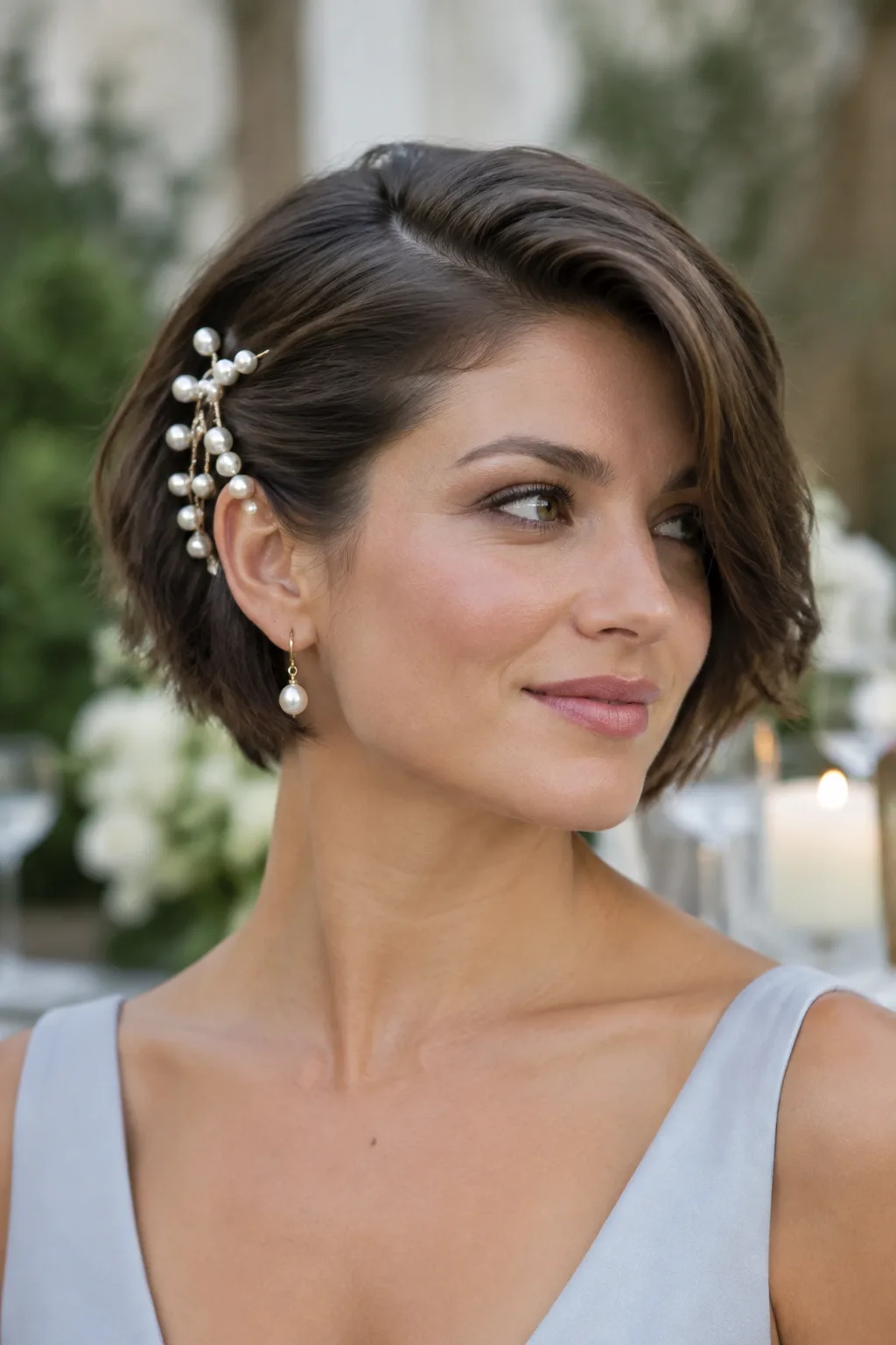 Pearl-Pinned Side Sweep hairstyle