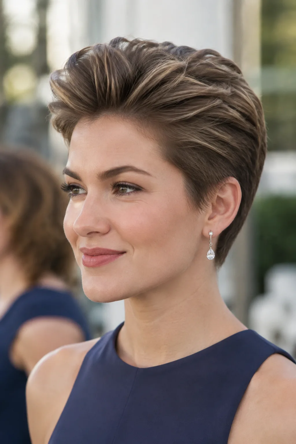 Voluminous Brushed-Back Pixie hairstyle