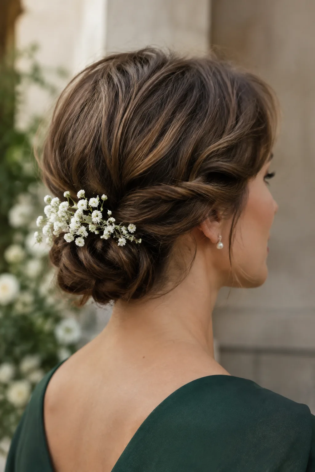 Floral-Accented Low Faux Chignon hairstyle