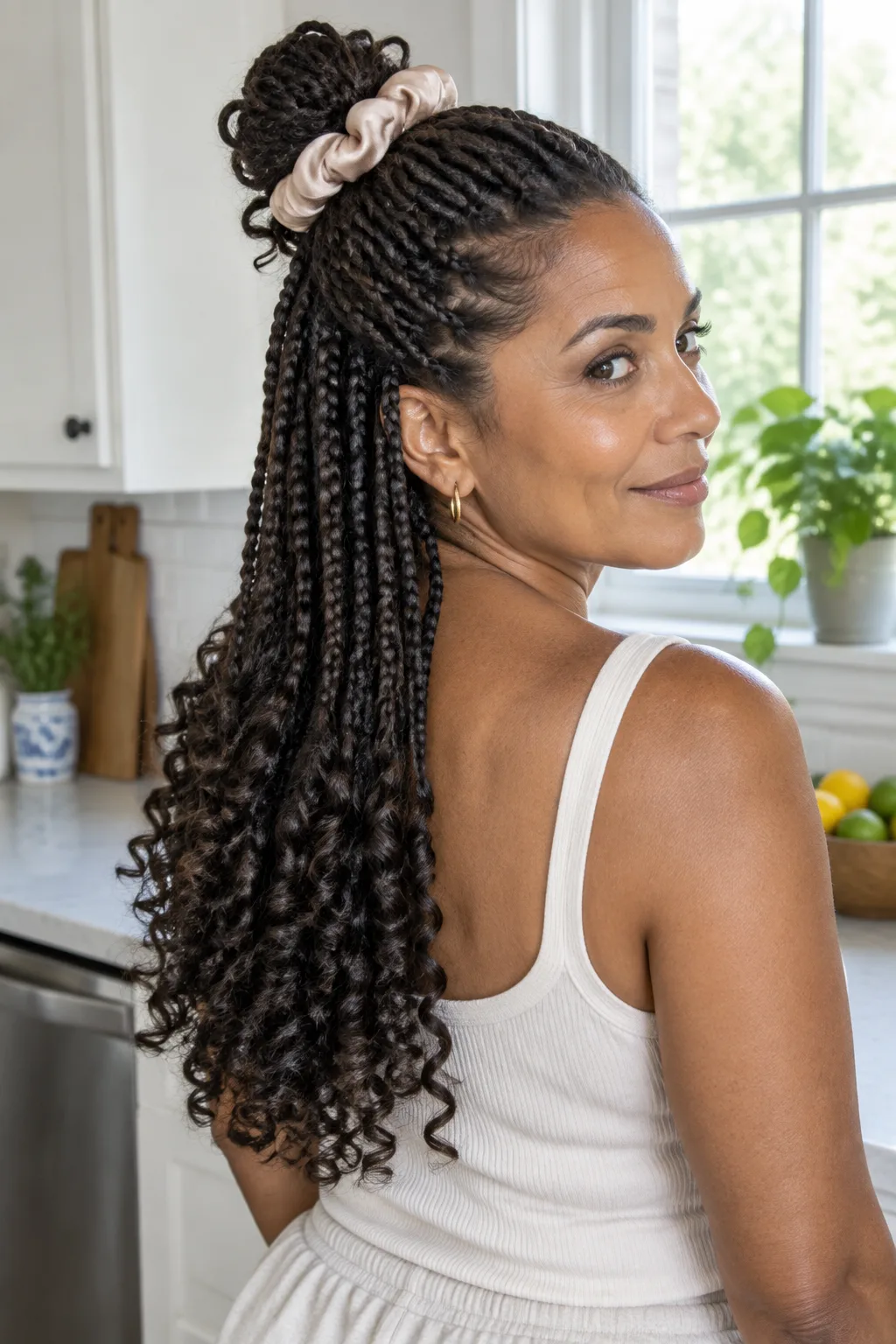 Half-Up Top Knot French Curl Braids hairstyle