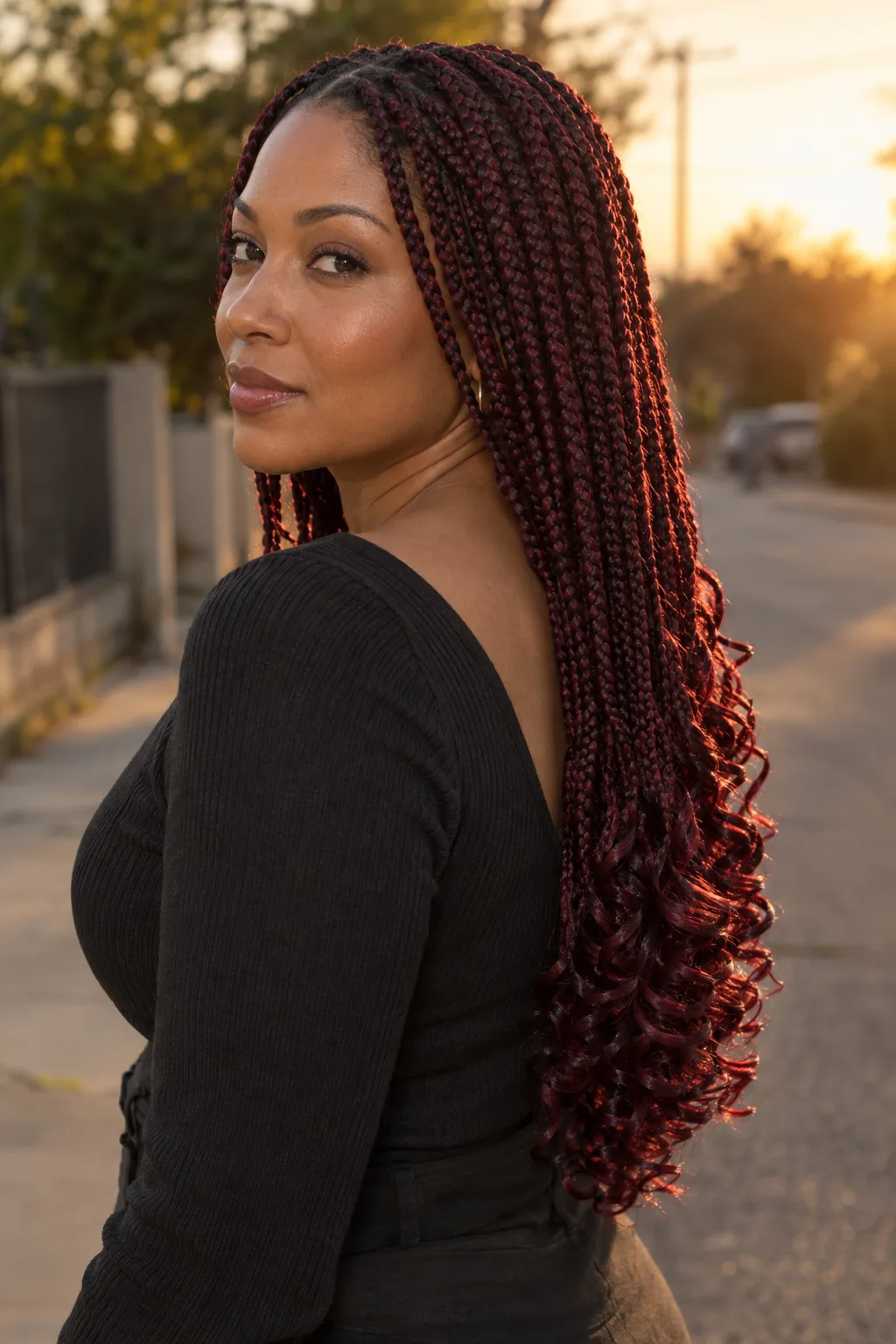 Deep Burgundy French Curl Braids hairstyle