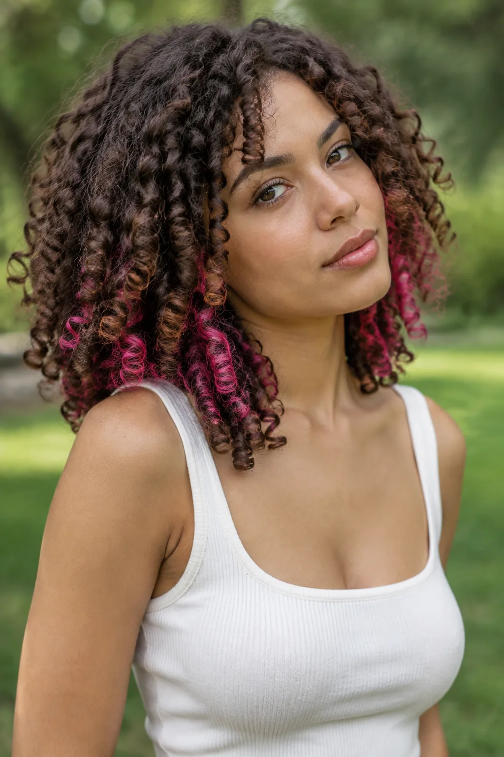 Pink Peekaboo Highlights on Curly Brown Hair