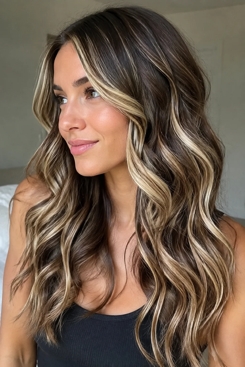 Creamy Blonde Ribbons on Chestnut hair color