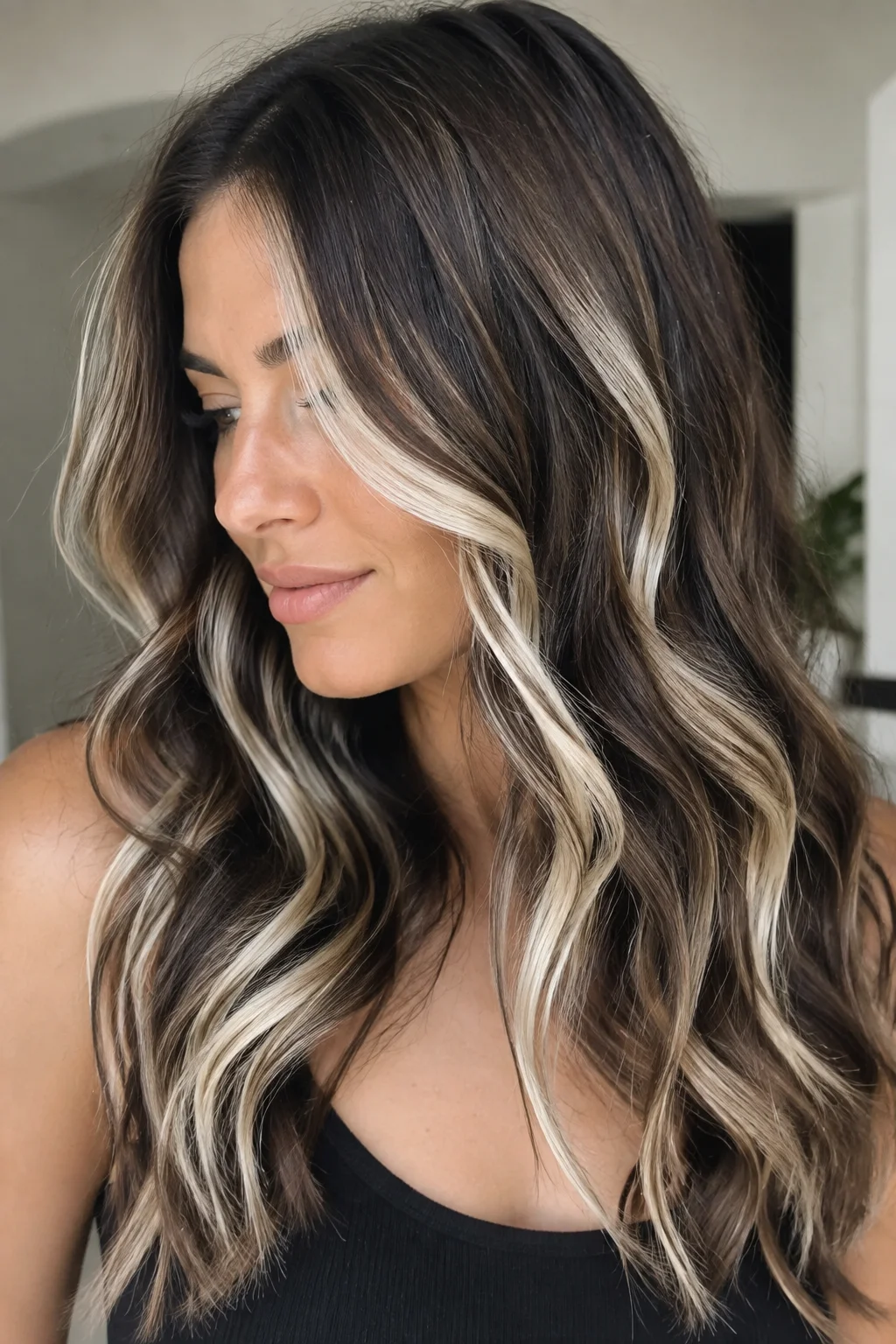 Pearly Platinum Accents on Dark Espresso hair color