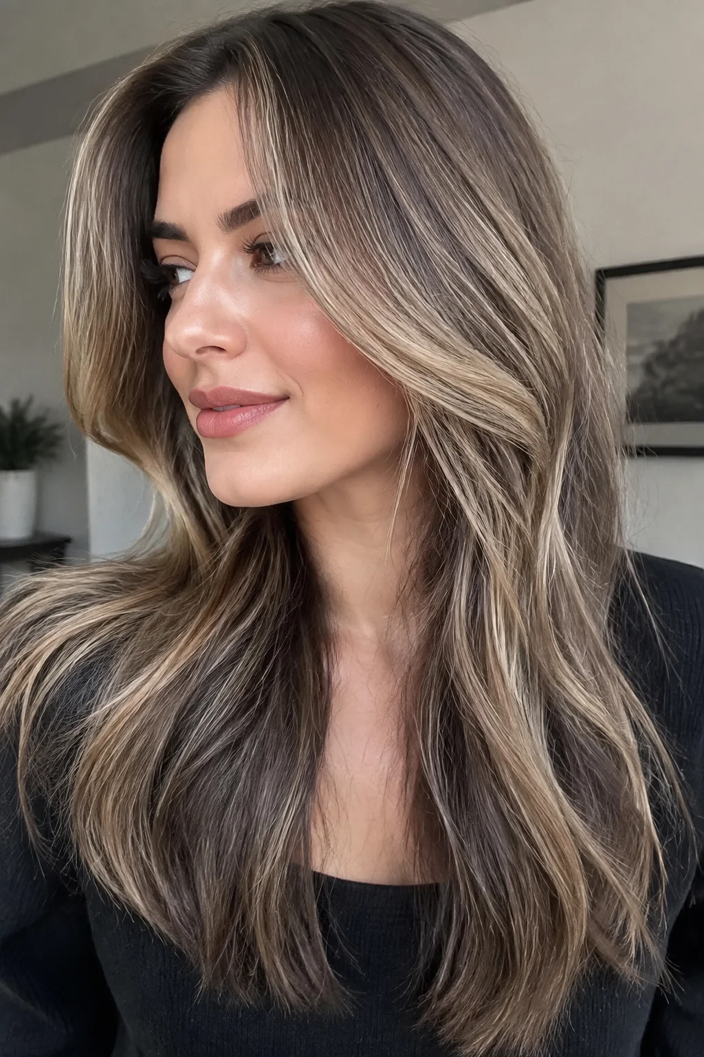 Earthy Mushroom Blonde Highlights hair color