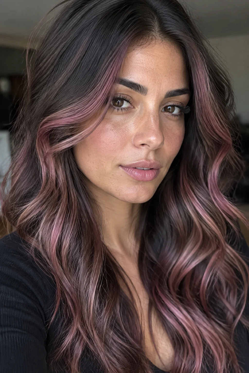 Soft Mauve Balayage on Deep Espresso hair color