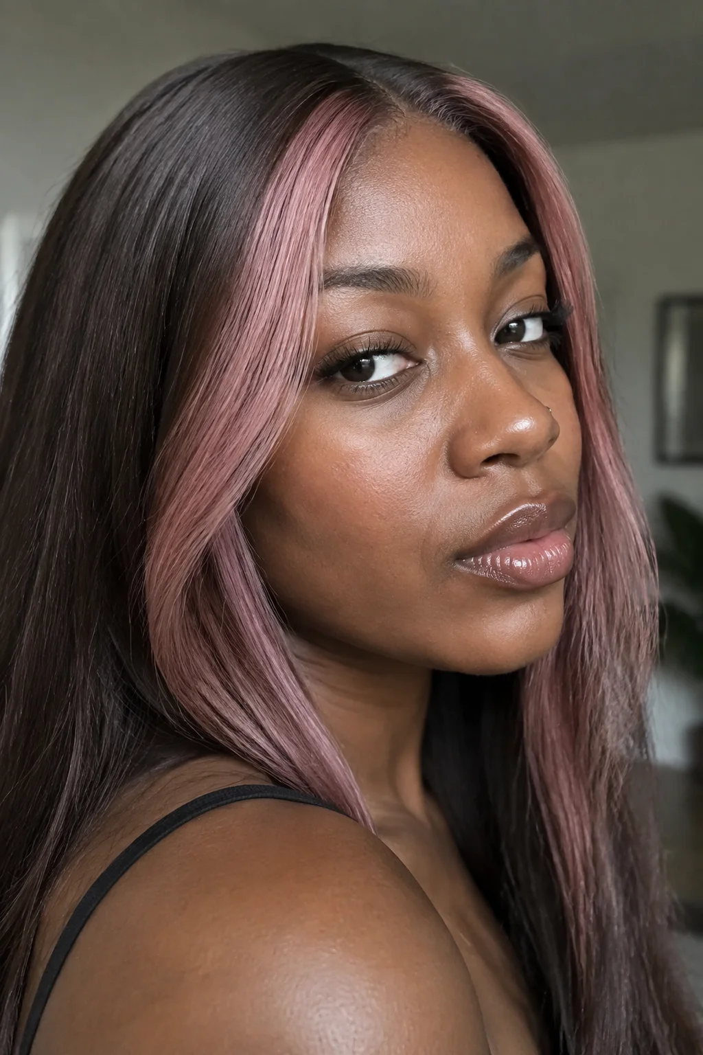 Dusty Rose Money Piece on Chocolate Brown hair color