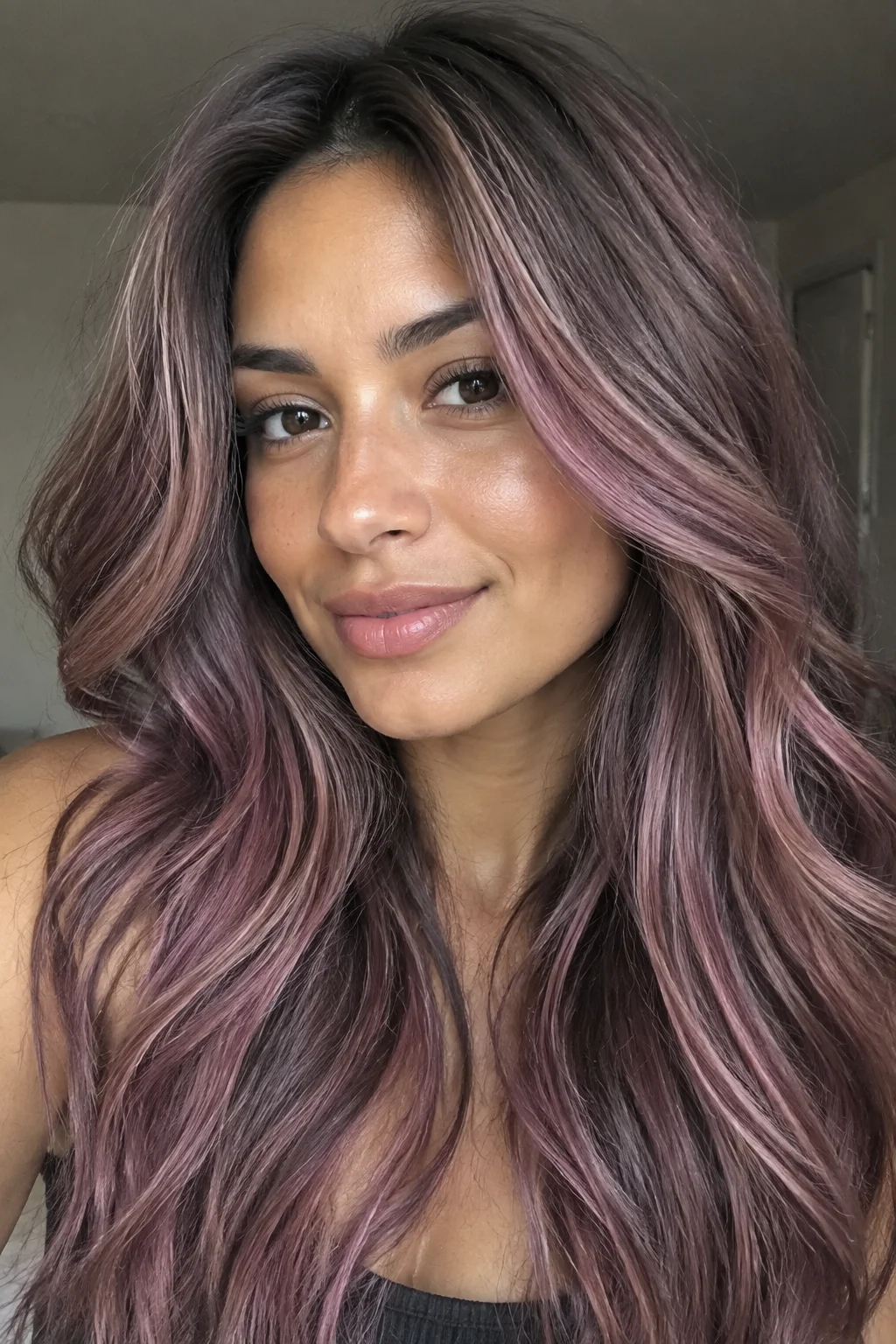 Dimensional Foilayage with Smoky Mauve Lowlights hair color