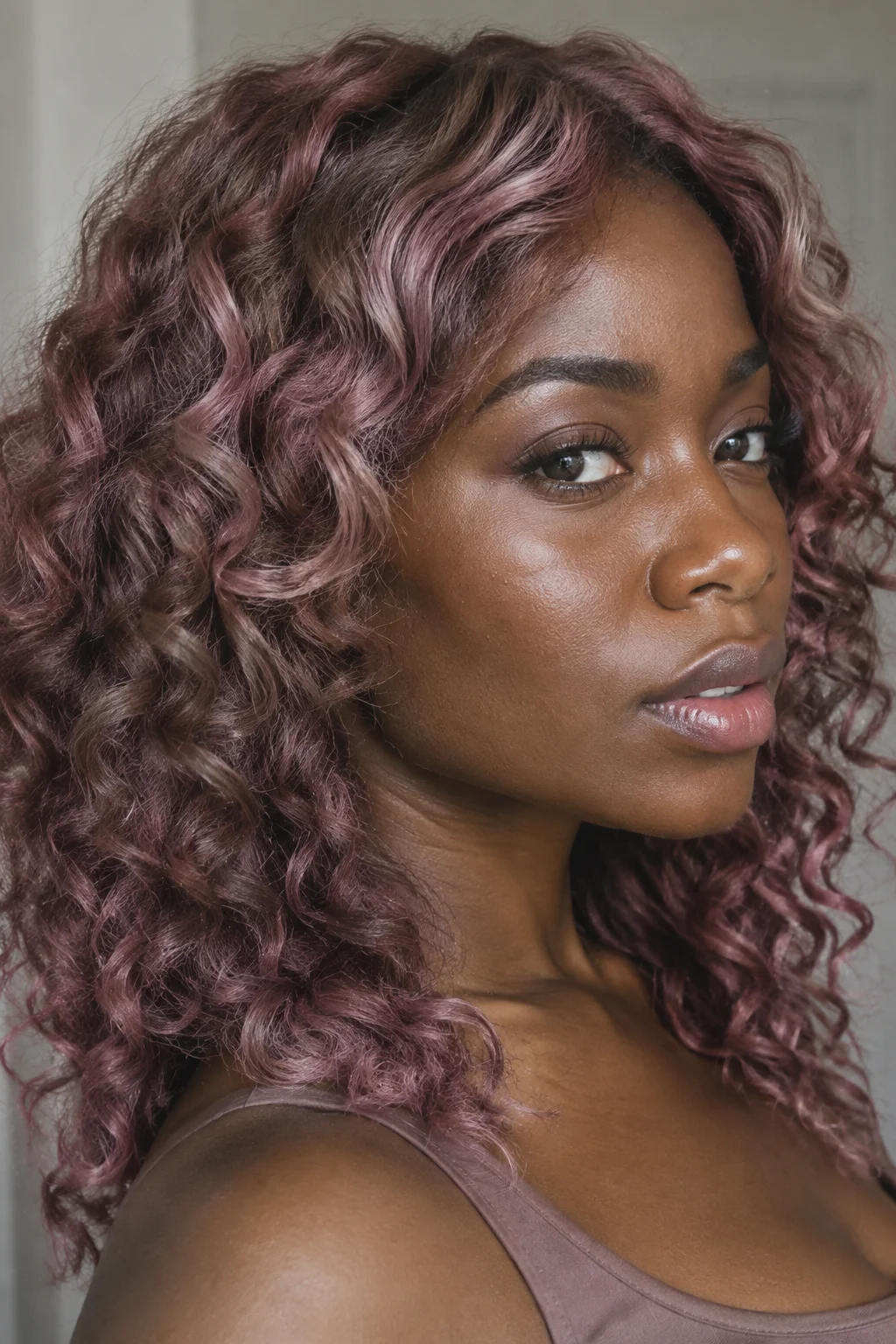 All-Over Translucent Mauve Glaze on Light Brunette hair color
