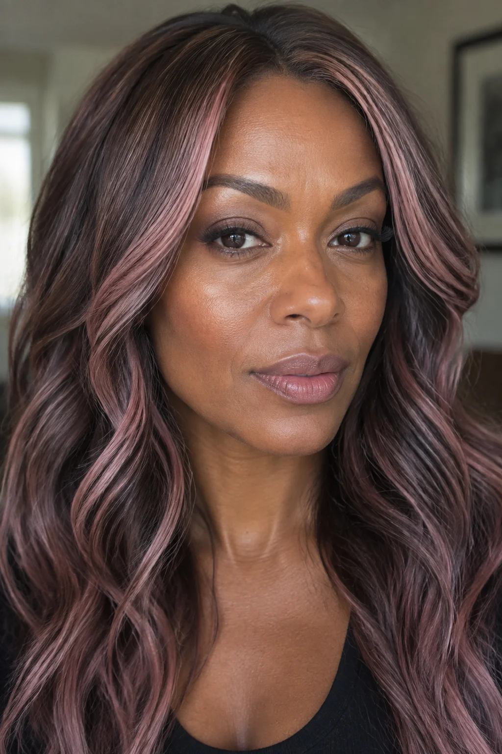 Frosted Mauve Highlights on Cocoa Brown hair color