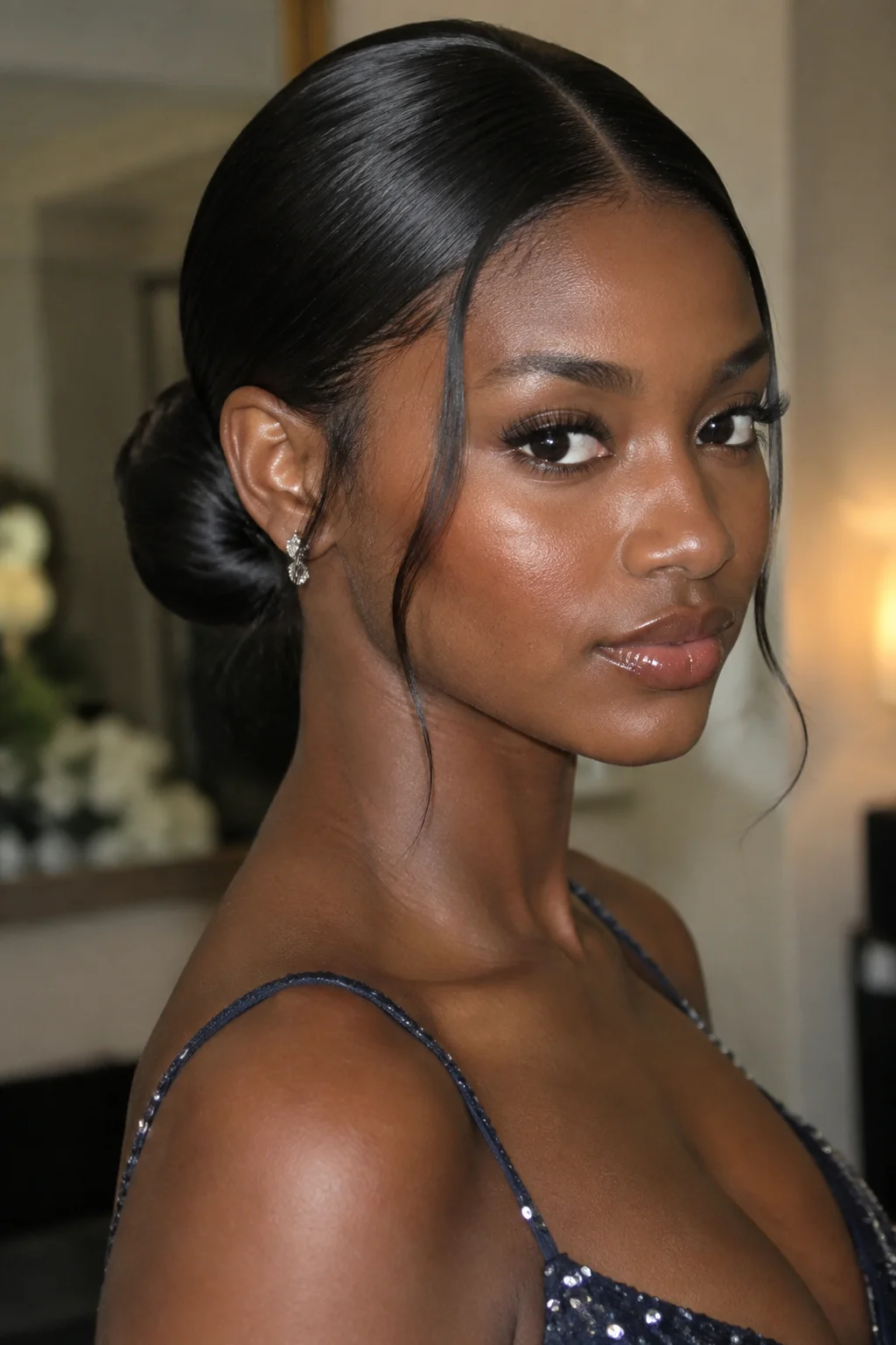 Sleek Center-Part Low Bun hairstyle