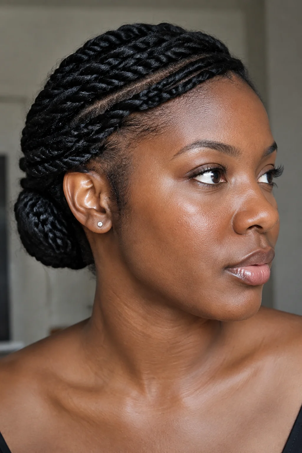 Flat-Twist Asymmetrical Tuck hairstyle