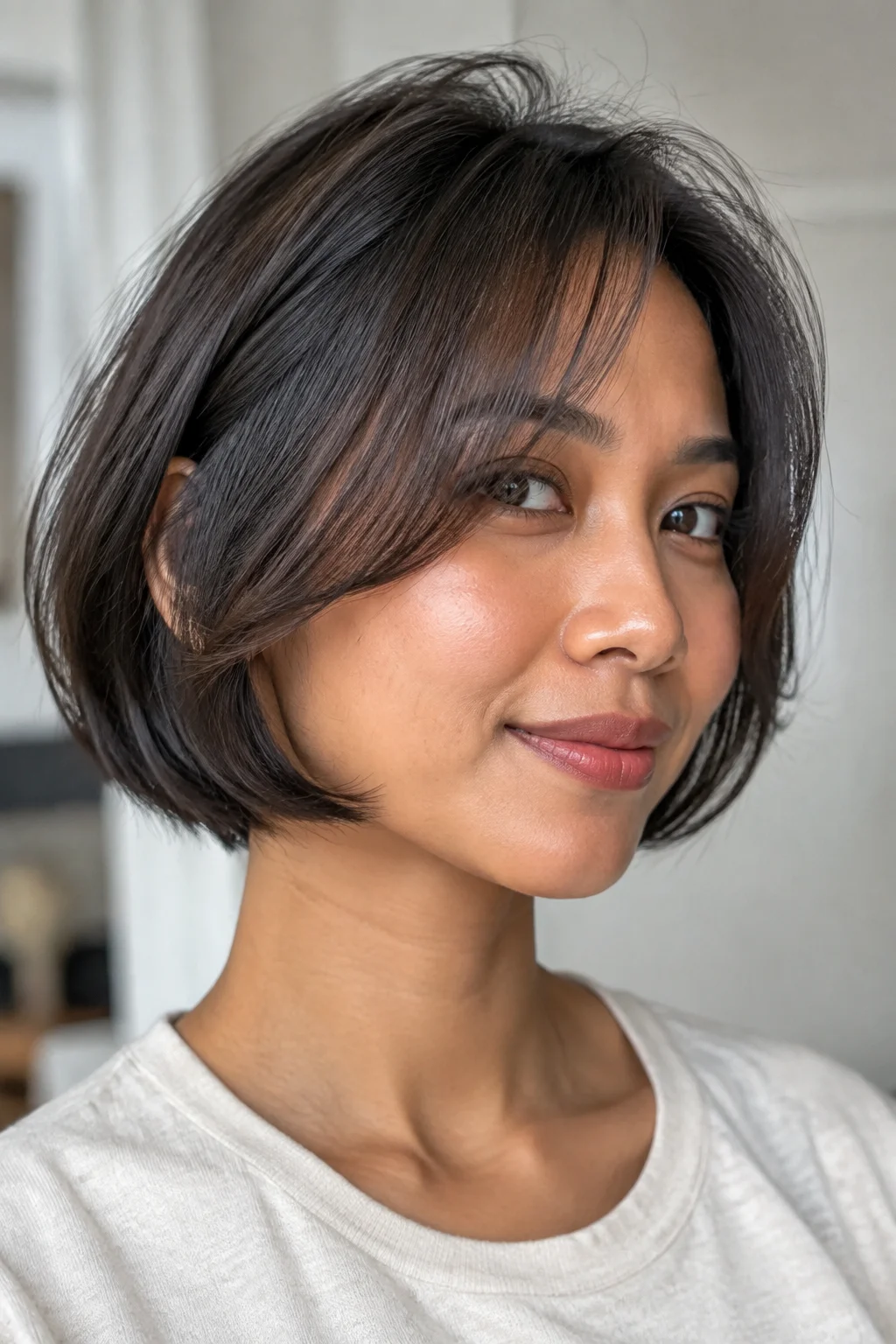 Curtain Bangs Tapered Bob hairstyle