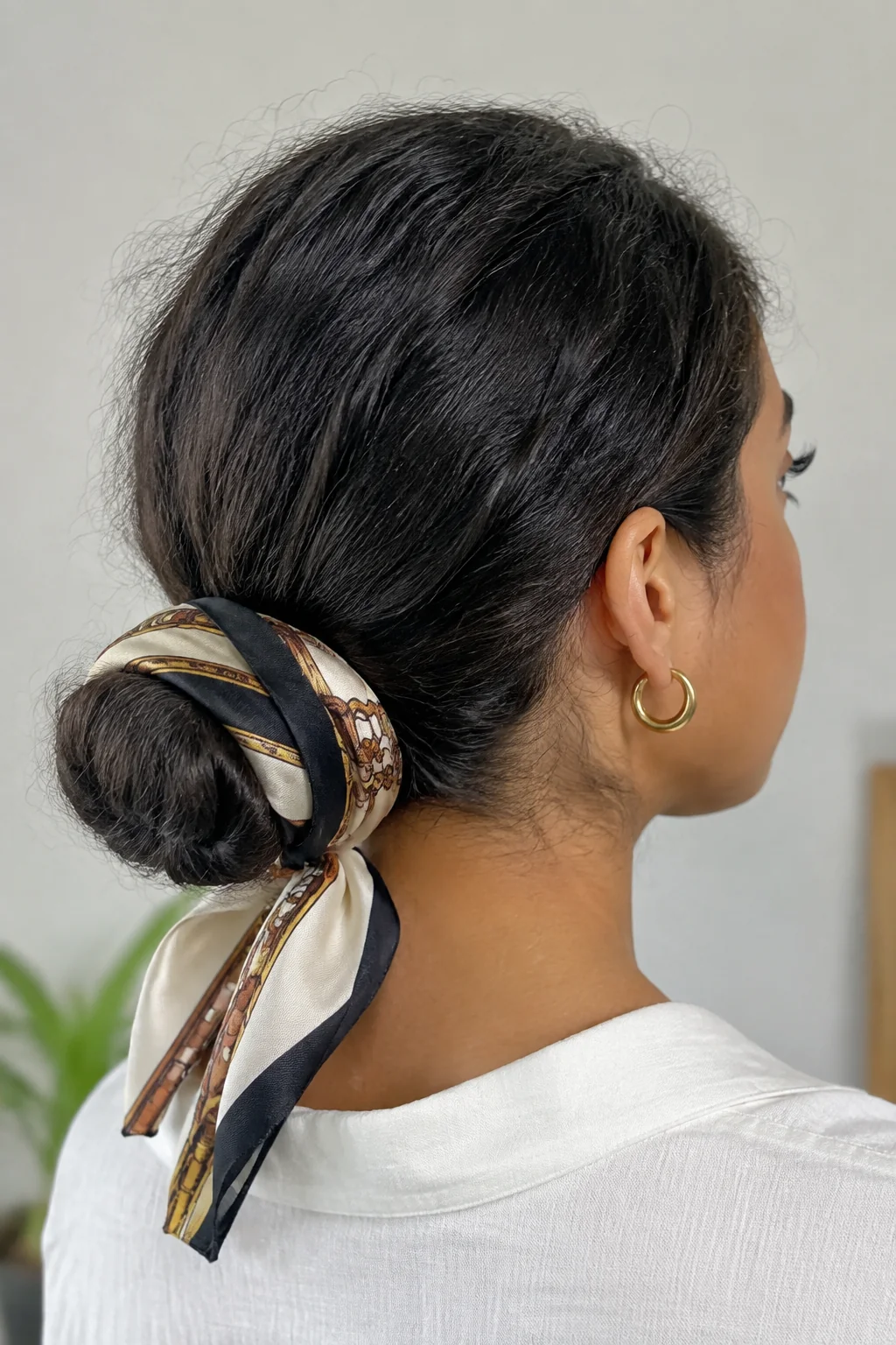 Sleek Low Bun with a Silk Scarf Wrap hairstyle