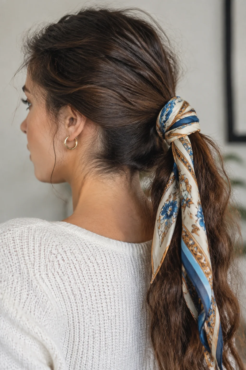 Wrapped Silk Scarf Ponytail hairstyle